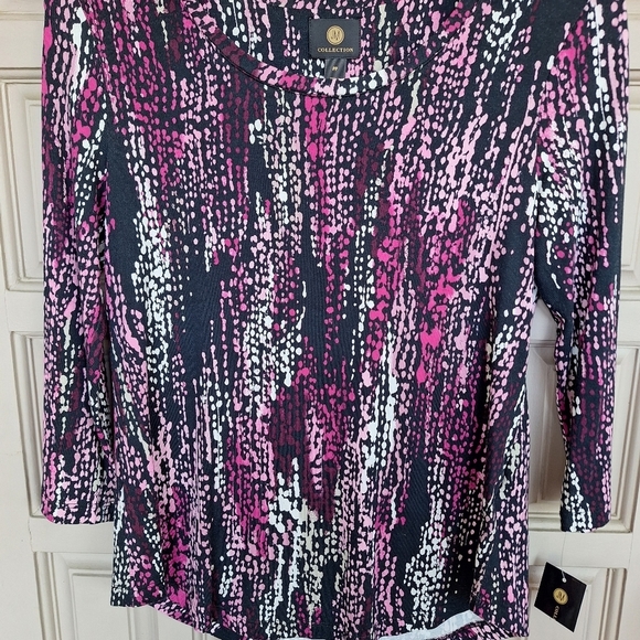 JM Collection SzS 3/4Sleeve Round Neck Curved Hem Pnk/Blk Abstract NWT - Picture 2 of 5